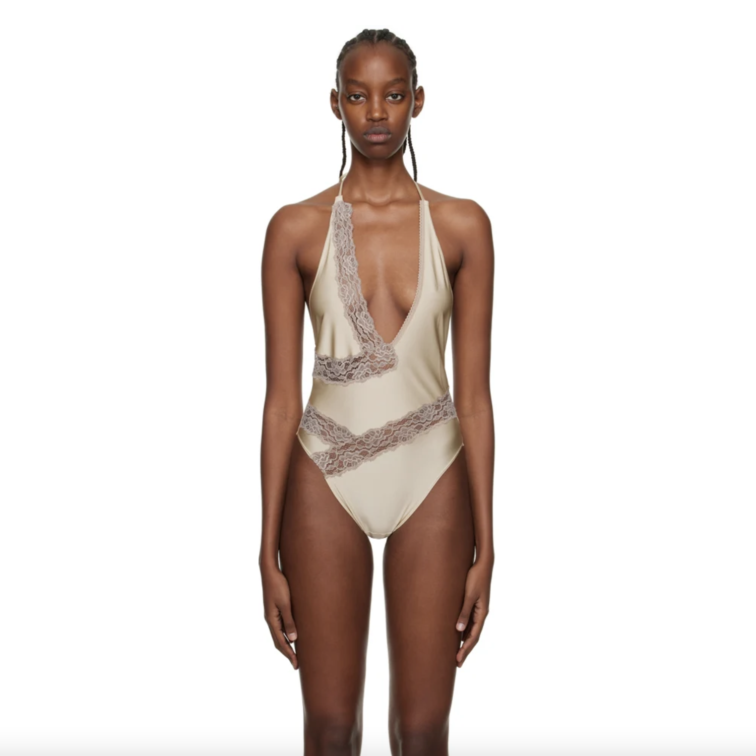 Tan V-Neck One-Piece Swimsuit
