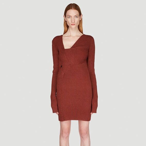 Asymmetric Knit Dress in Brown